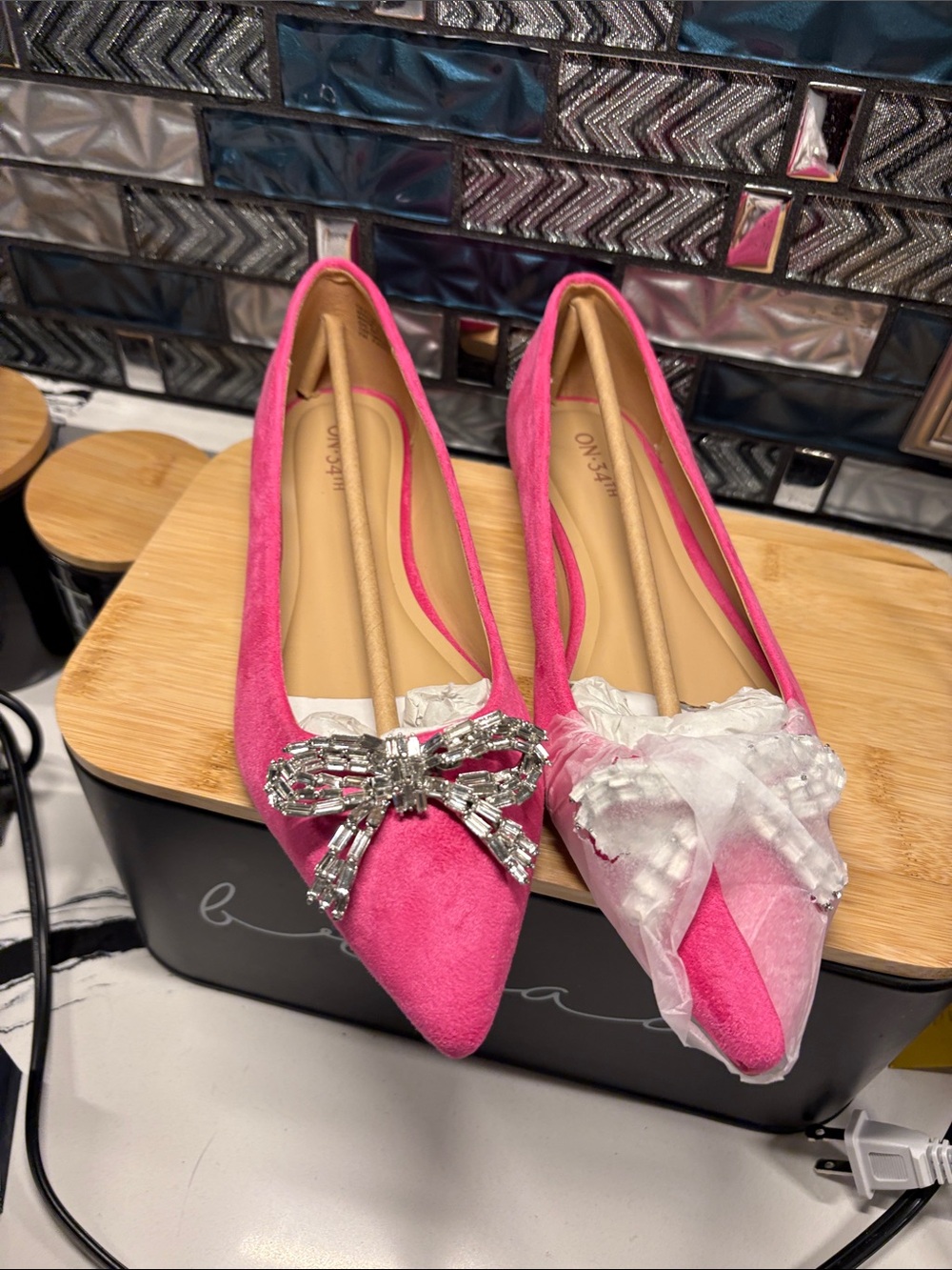 Hot Pink Pointed-Toe Flats with Crystal Bow Accent - Picture 1 of 7